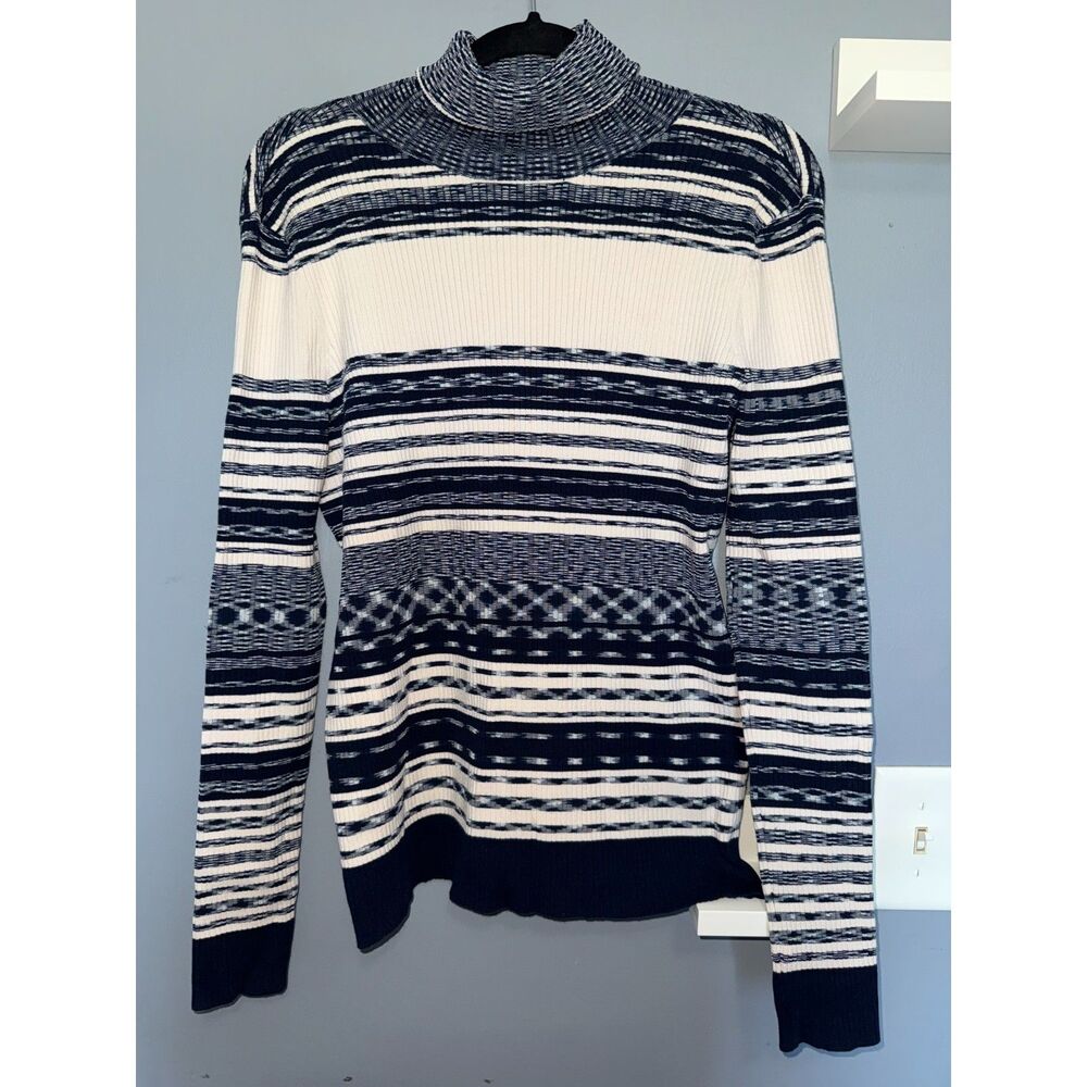 Tory Burch 'Julie' Navy & Cream Striped Turtleneck Sweater | Size Large